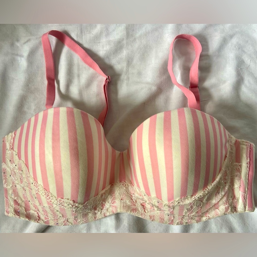 Victorias Secret 36D Pushup Bra Padded Pink White Striped Underwire
